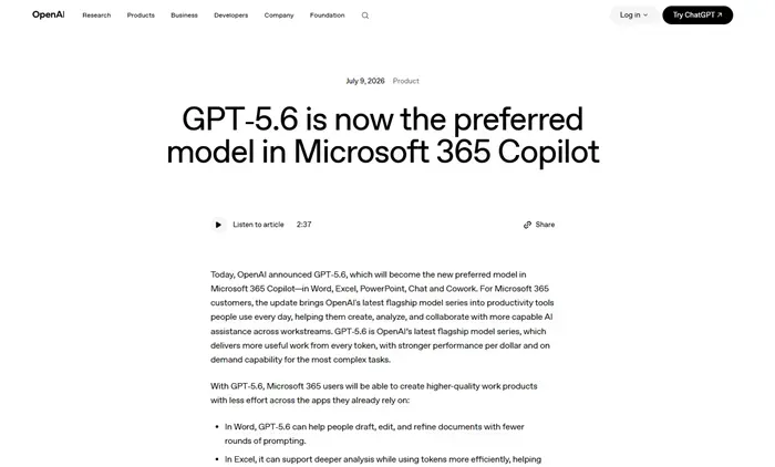 OpenAI ra mắt GPT-5.6, t&iacute;ch hợp v&agrave;o Microsoft 365 Copilot 