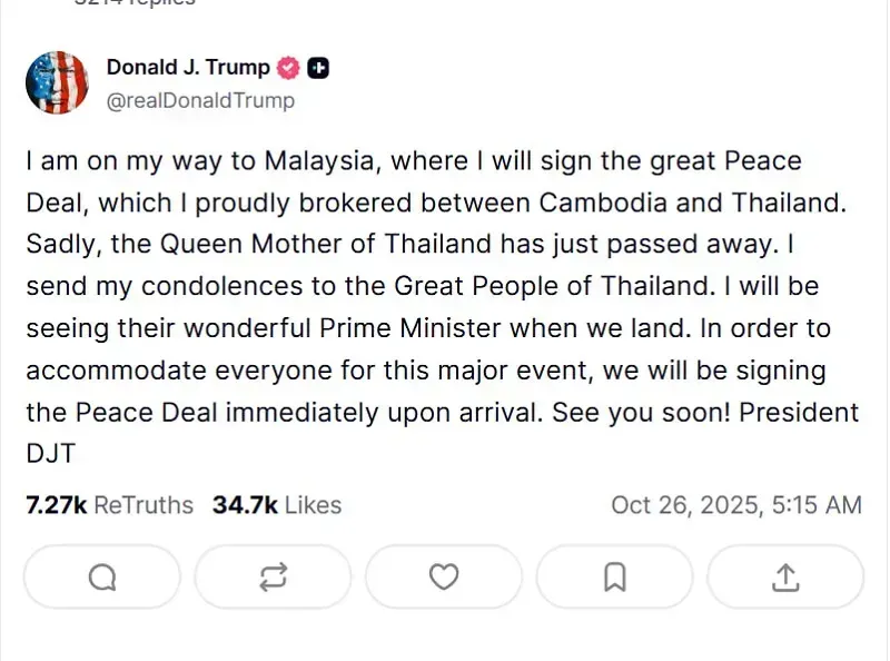 Ông Trump tham dự lễ ký thỏa thuận hòa bình Thái Lan - Campuchia