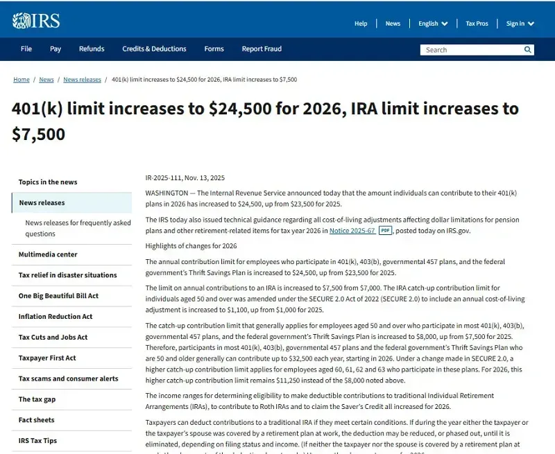 IRA tăng giới hạn đóng góp chương trình hưu trí 401(k) năm 2026
