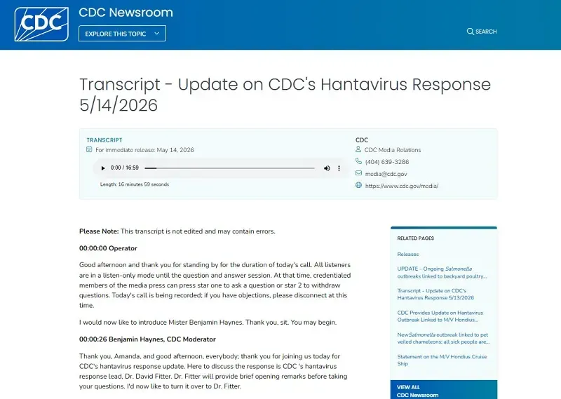 CDC chưa ghi nhận ca nhiễm hantavirus, đang theo d&otilde;i 41 trường hợp