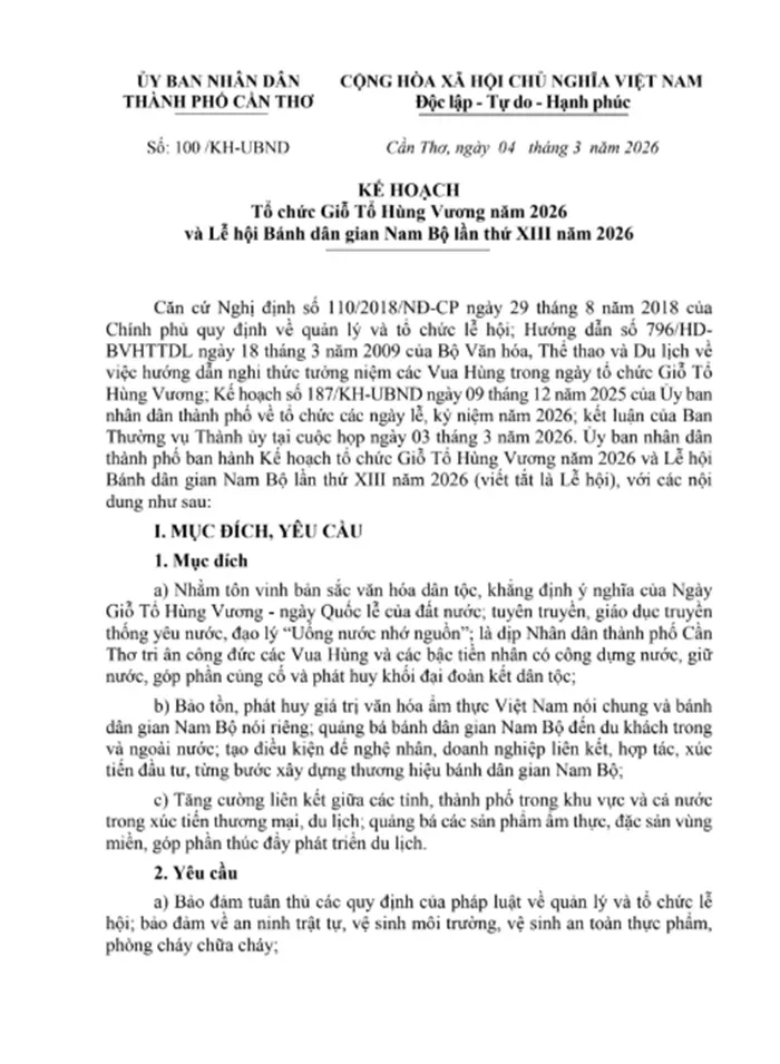 Cần Thơ tổ chức Giỗ Tổ H&ugrave;ng Vương 2026 v&agrave; Lễ hội B&aacute;nh d&acirc;n gian Nam Bộ