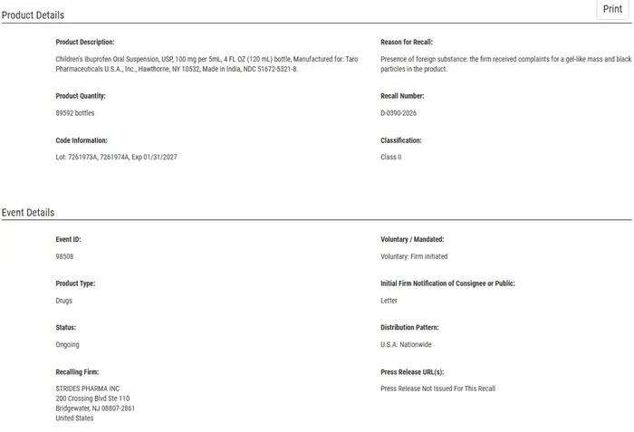 FDA thu hồi gần 90.000 chai ibuprofen d&agrave;nh cho trẻ em v&igrave; nghi chứa chất lạ