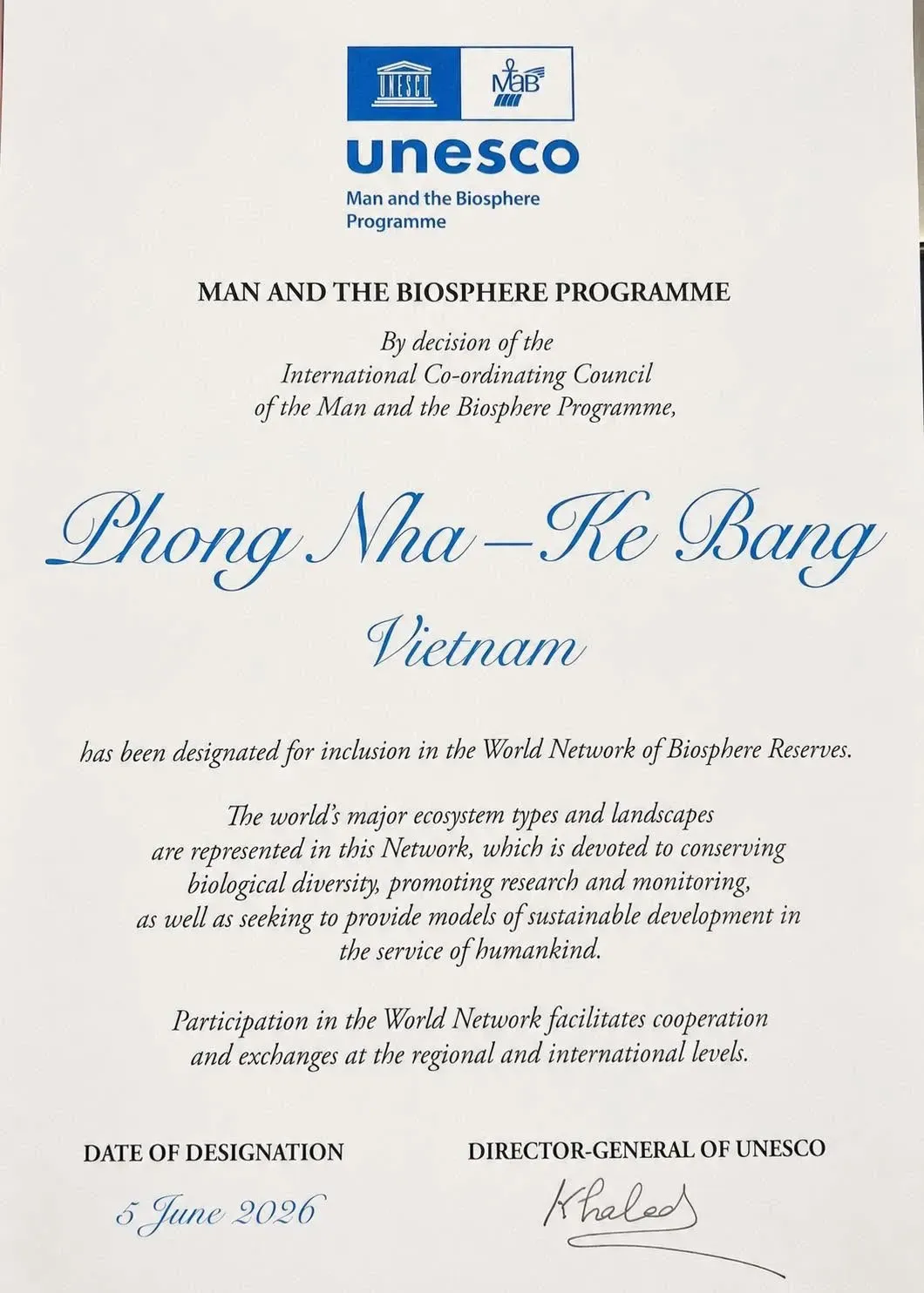 UNESCO c&ocirc;ng nhận Phong Nha - Kẻ B&agrave;ng l&agrave; Khu Dự trữ sinh quyển thế giới