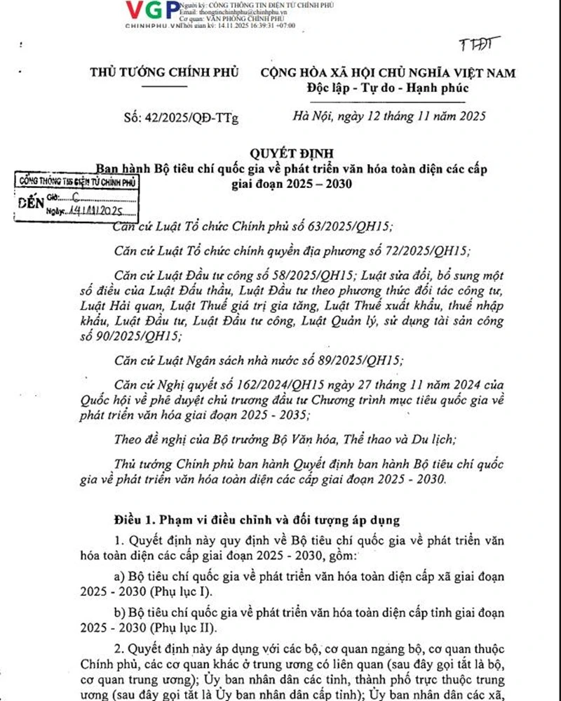 Ban hành Bộ tiêu chí quốc gia phát triển văn hóa toàn diện 2025 - 2030