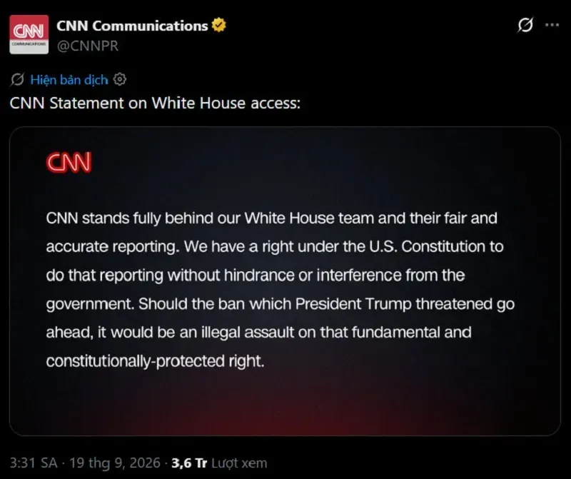 &Ocirc;ng Trump cấm CNN, Politico, MS NOW v&agrave;o Nh&agrave; Trắng v&igrave; đưa tin sai sự thật