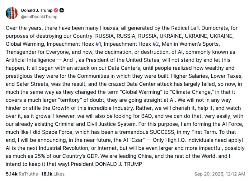 &Ocirc;ng Trump tuy&ecirc;n bố muốn th&agrave;nh lập &ldquo;Lực lượng AI&rdquo;