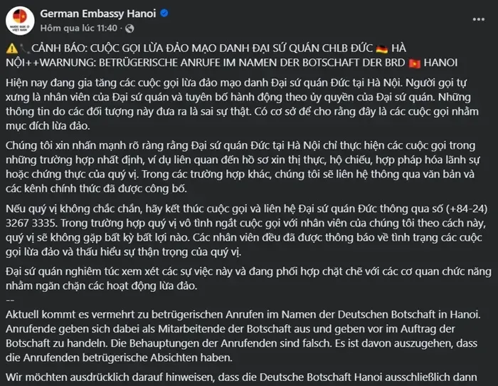 Cảnh b&aacute;o lừa đảo mạo danh Đại sứ qu&aacute;n Đức
