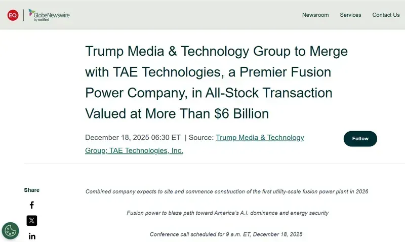 Thị trường biến động sau khi Trump Media s&aacute;p nhập TAE Technologies
