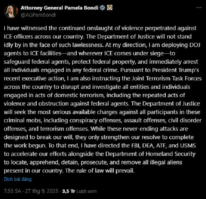 Tổng chưởng lý Pam Bondi chỉ đạo FBI và DEA bảo vệ các cơ sở ICE