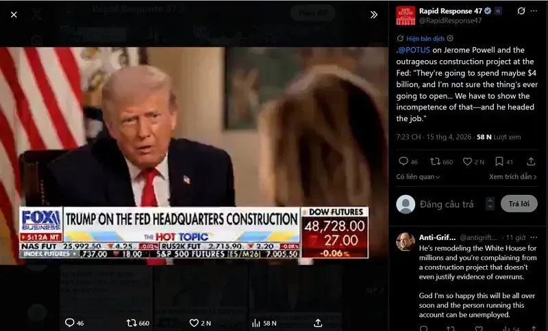 Trump dọa sa thải Chủ tịch Fed giữa tranh c&atilde;i điều tra h&igrave;nh sự