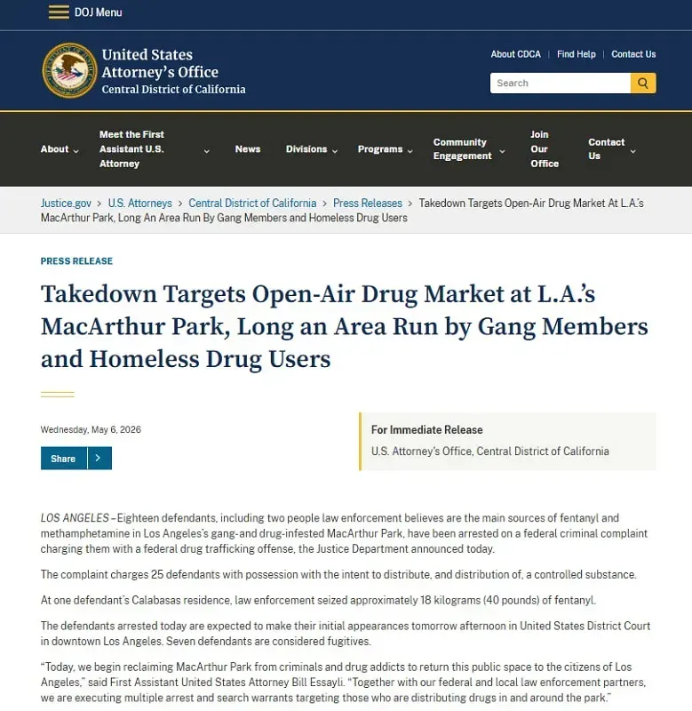 Hoa Kỳ: Truy qu&eacute;t mạng lưới ph&acirc;n phối ma t&uacute;y tại c&ocirc;ng vi&ecirc;n ở California
