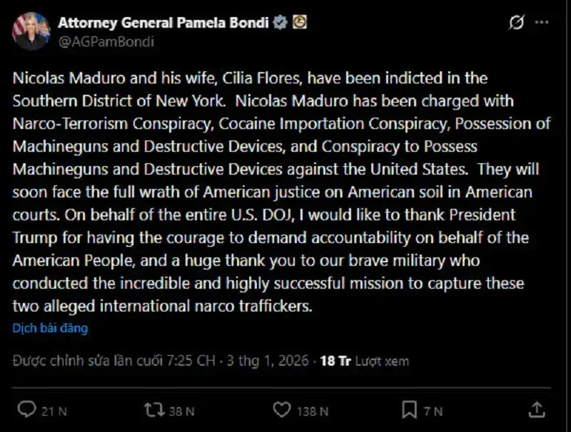 Nga &ndash; Trung l&ecirc;n tiếng vụ Hoa Kỳ bắt giữ Tổng thống Venezuela