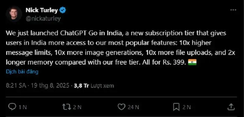 OpenAI ra mắt dịch vụ ChatGPT rẻ nhất tại Ấn Độ, giá chỉ khoảng 4,6 USD/tháng
