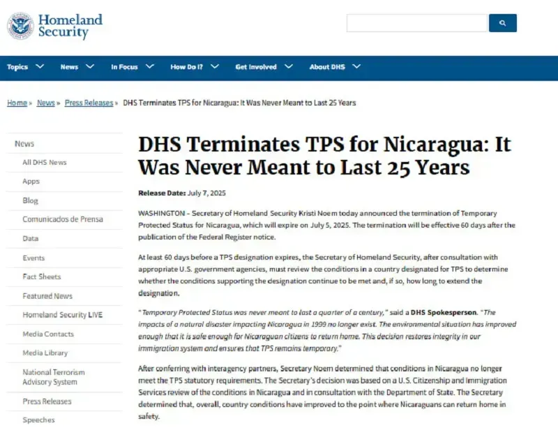 Hoa Kỳ thu hồi Quy chế Bảo vệ Tạm thời cho người nhập cư từ Honduras và Nicaragua