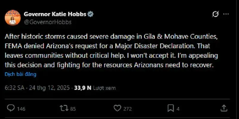 Bị từ chối viện trợ sau trận lũ lịch sử, tiểu bang Arizona kh&aacute;ng c&aacute;o