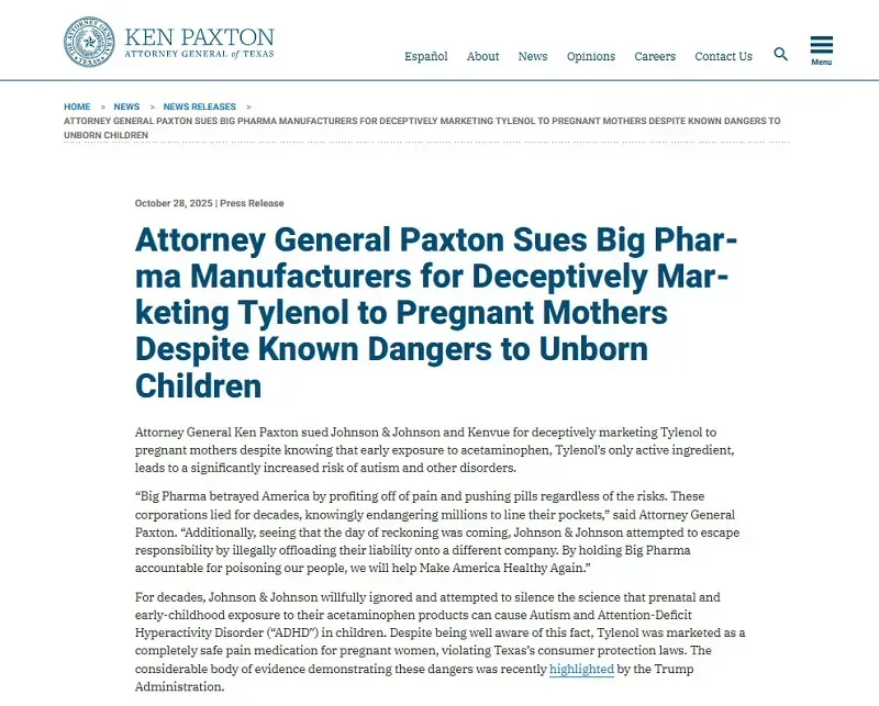 Texas kiện nhà sản xuất Tylenol sau cảnh báo về chứng tự kỷ của Trump