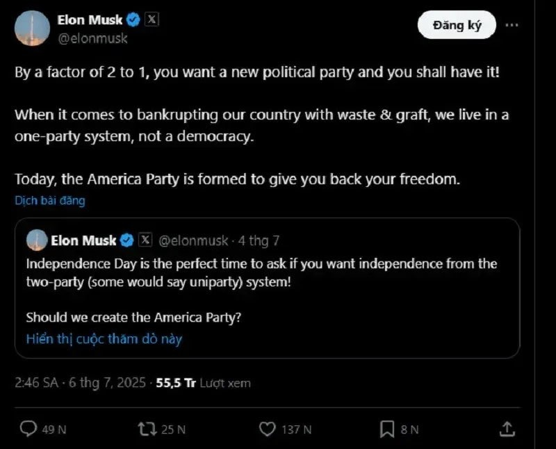 Vụ Elon Musk thành lập đảng mới, cựu nhân viên Nhà Trắng bày tỏ sự quan tâm