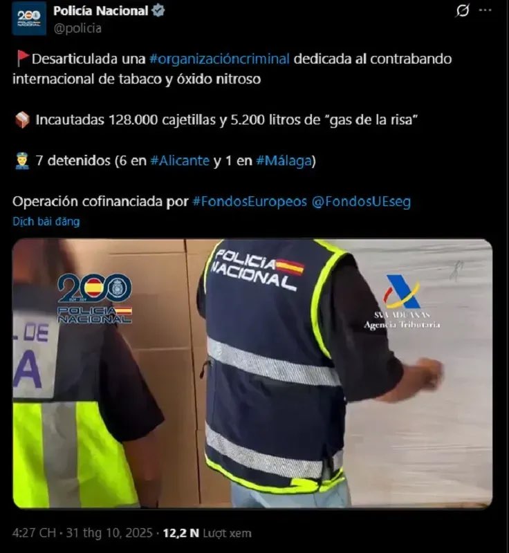 Đường dây buôn lậu “khí cười” lớn tại châu Âu bị triệt phá