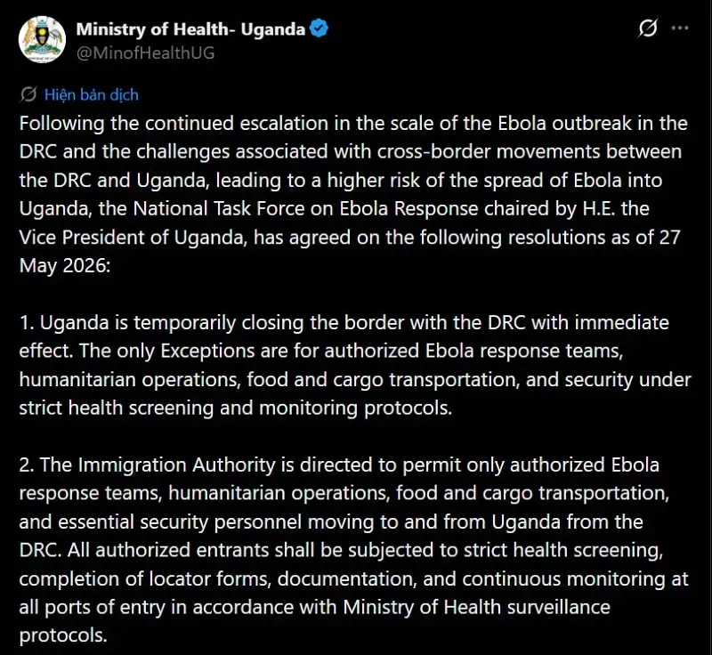 uganda-dong-cua-bien-gioi-voi-cong-vi-lo-ngai-dich-ebola-bung-phat-3.webp Uganda đóng cửa biên giới với Congo vì lo ngại dịch Ebola bùng phát