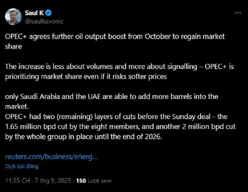 OPEC+ tăng sản lượng dầu từ tháng 10 để giành lại thị phần