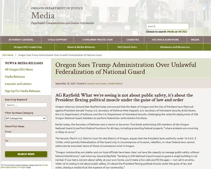 Oregon kiện chính quyền Trump vì đưa Vệ binh Quốc gia đến Portland