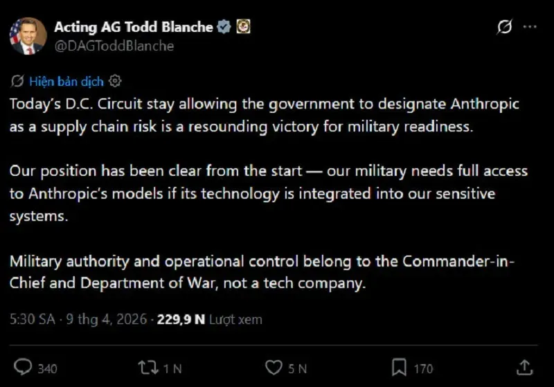 Thua kiện, Anthropic vẫn nằm trong &ldquo;danh s&aacute;ch đen&rdquo; của Lầu Năm G&oacute;c