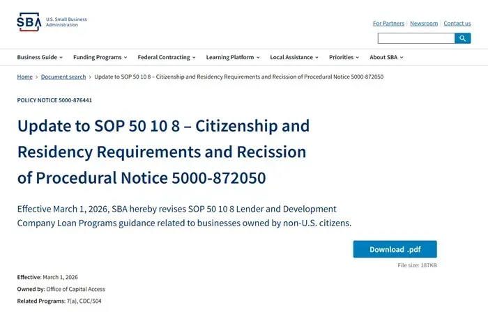 SBA loại thường tr&uacute; nh&acirc;n hợp ph&aacute;p khỏi chương tr&igrave;nh cho vay