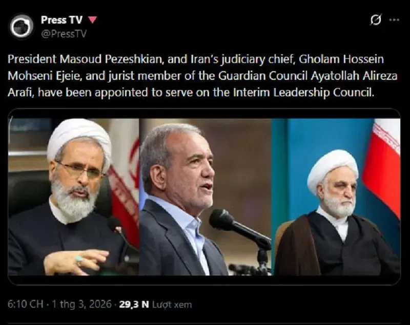 Iran c&ocirc;ng bố l&atilde;nh đạo tạm thời khi &ocirc;ng Ayatollah Ali Khamenei thiệt mạng