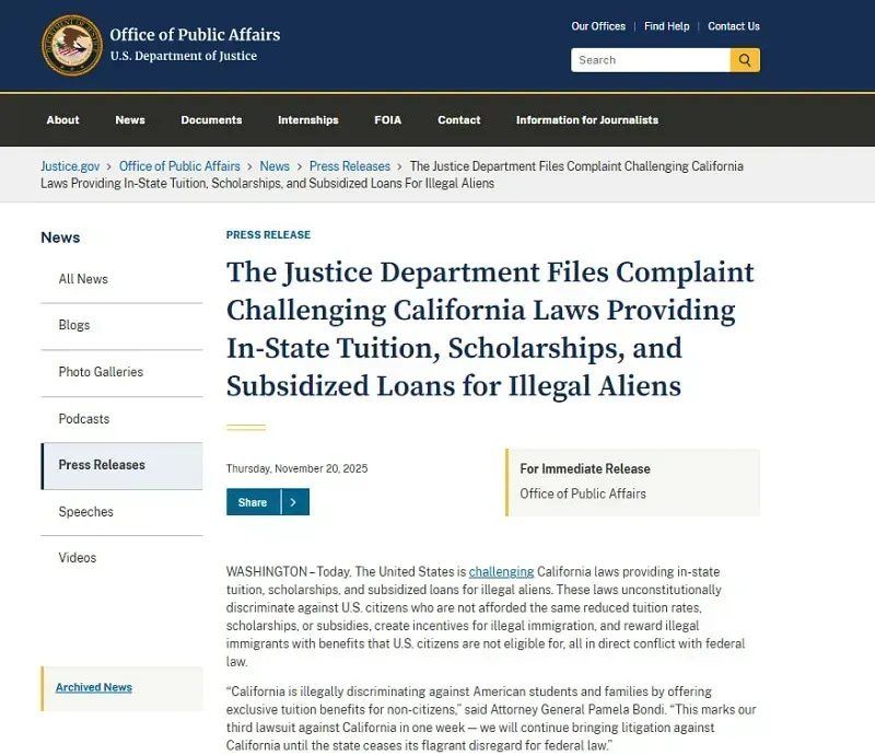 doj-kien-california-vi-uu-dai-hoc-phi-cho-nguoi-nhap-cu-trai-phep-3.webp DOJ kiện California vì ưu đãi học phí cho người nhập cư trái phép