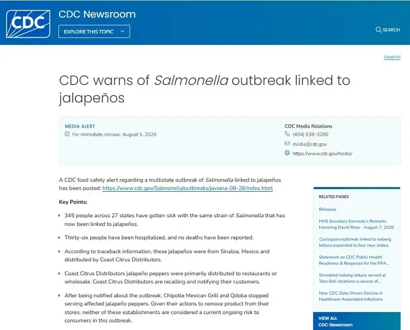 Thu hồi nhiều sản phẩm chứa ớt jalape&ntilde;o nhiễm khuẩn Salmonella