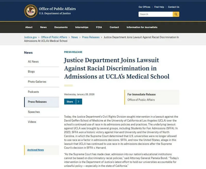 Nhiều trường y bị DOJ điều tra v&igrave; d&ugrave;ng yếu tố chủng tộc trong tuyển sinh