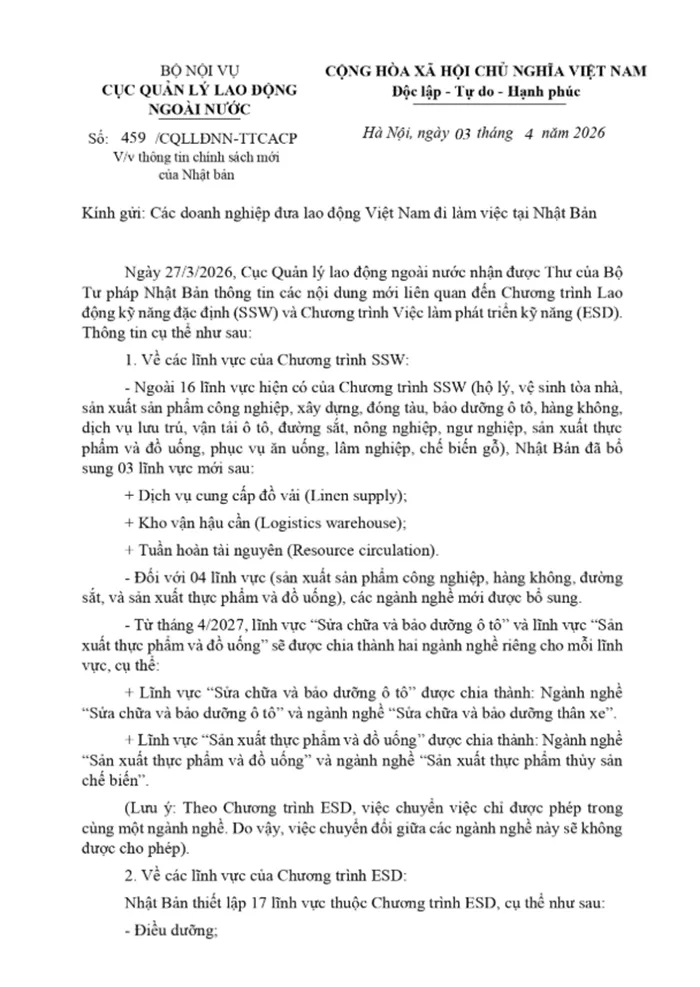 Nhật Bản mở rộng lĩnh vực tiếp nhận lao động Việt