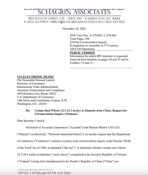 Hoa Kỳ khởi xướng điều tra bánh xe thép nhập từ Việt Nam