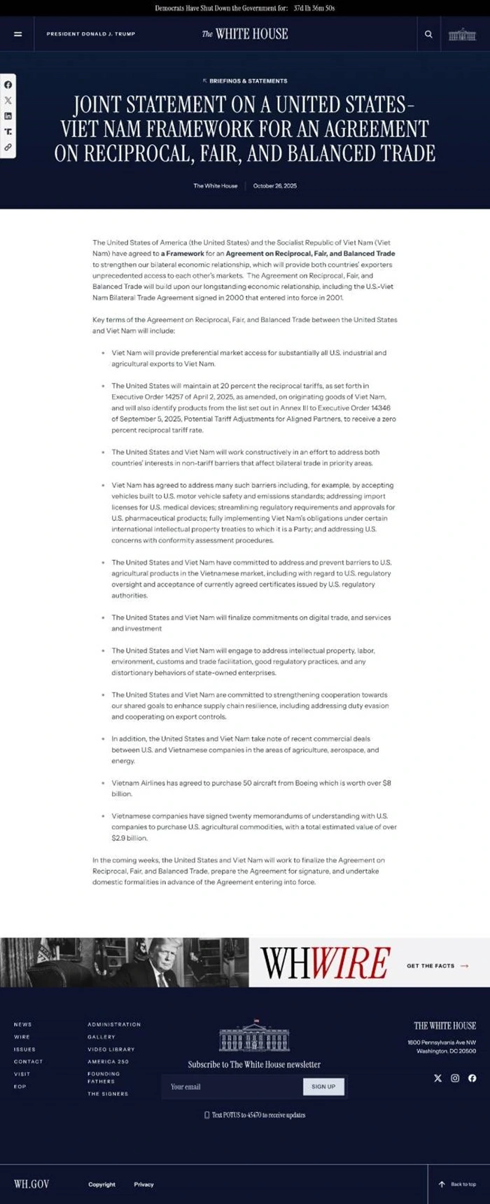 Joint Vietnam  - U.S. Statement: A Signal of Strategic Adjustment in Bilateral Trade Policy