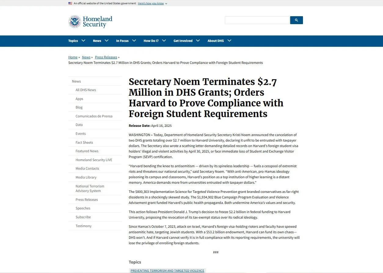 Chính quyền Trump cắt viện trợ hơn 2,7 triệu USD cho Harvard