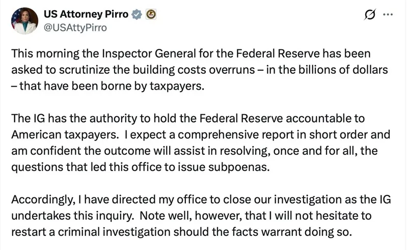 DOJ huỷ điều tra h&igrave;nh sự đối với Chủ tịch Fed