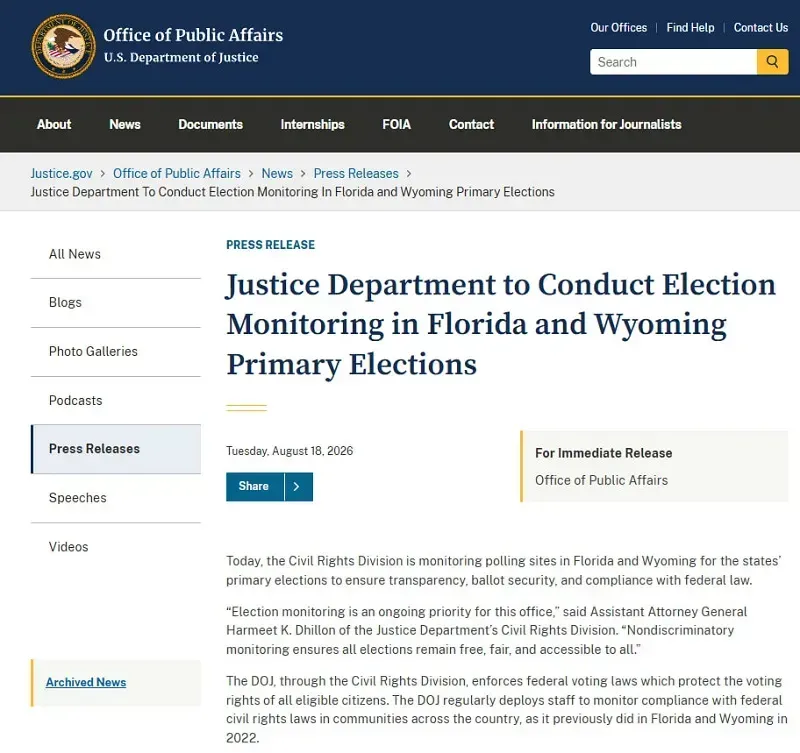 DOJ để ngỏ khả năng can thiệp kết quả bầu cử giữa nhiệm kỳ