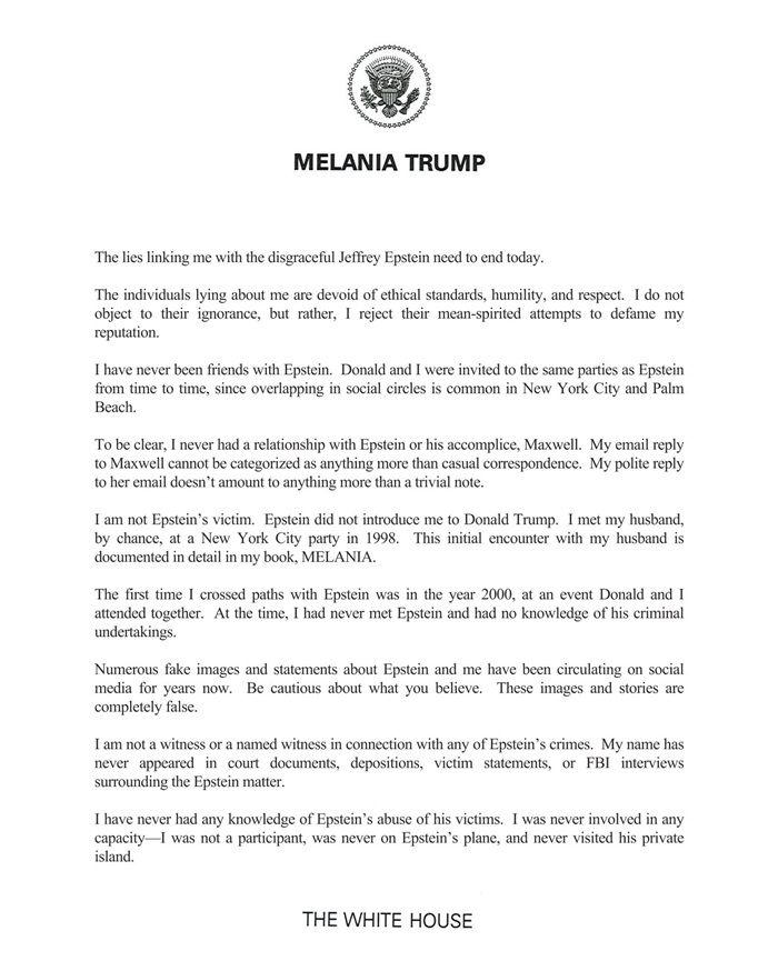 Đệ nhất phu nh&acirc;n Hoa Kỳ bất ngờ l&ecirc;n tiếng về vụ Epstein