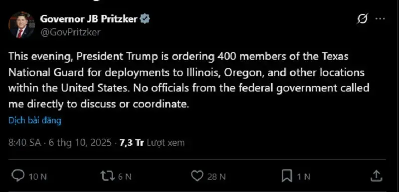 Vụ ông Trump điều động NG, Illinois kêu gọi Texas “bất tuân” chính quyền