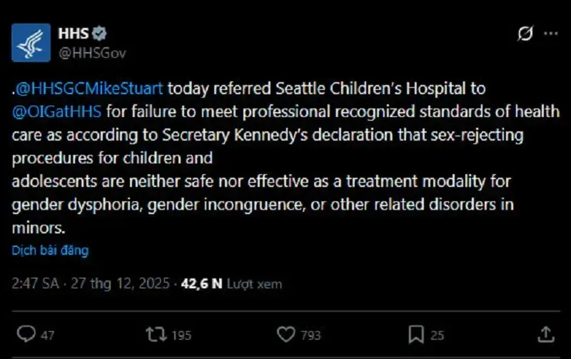 HHS điều tra Bệnh viện Nhi Seattle v&igrave; chăm s&oacute;c y tế cho trẻ em chuyển giới