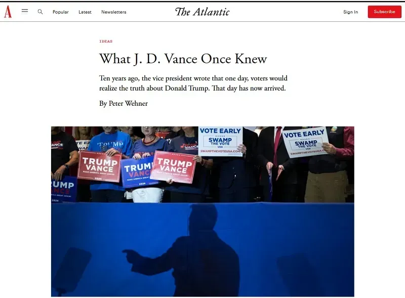 The Atlantic đăng lại b&agrave;i viết JD Vance từng chỉ tr&iacute;ch Trump hồi năm 2016