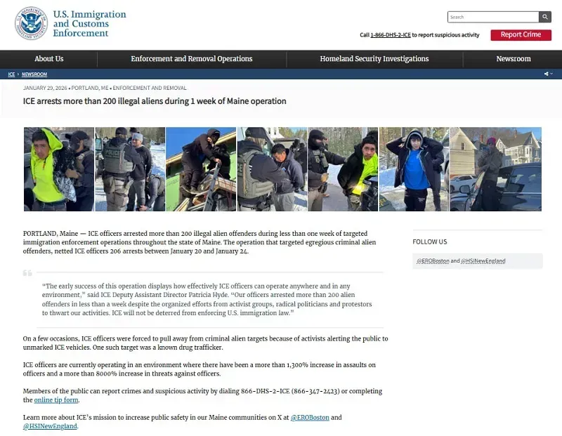 ICE chấm dứt tăng cường thực thi luật nhập cư tại Maine?