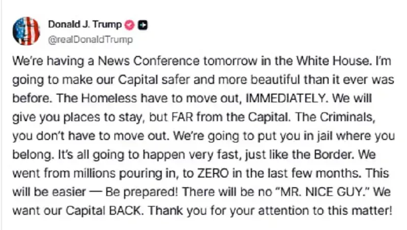 Trump cảnh báo người vô gia cư phải rời khỏi thủ đô Washington, D.C ngay lập tức