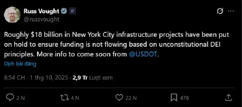 Ông Trump đóng băng khoảng 18 tỷ USD tài trợ cơ sở hạ tầng tại New York