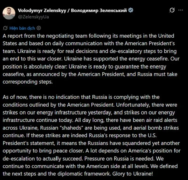 &Ocirc;ng Zelenskyy tố Nga chưa tu&acirc;n thủ lệnh ngừng bắn do &ocirc;ng Trump th&uacute;c đẩy