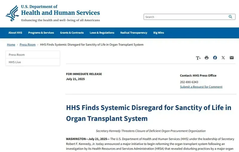HHS cảnh báo lỗ hổng nghiêm trọng trong hệ thống ghép tạng tại Hoa Kỳ