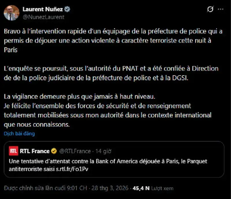 Ph&aacute;p ngăn &acirc;m mưu đ&aacute;nh bom gần trụ sở Ng&acirc;n h&agrave;ng Hoa Kỳ tại Paris