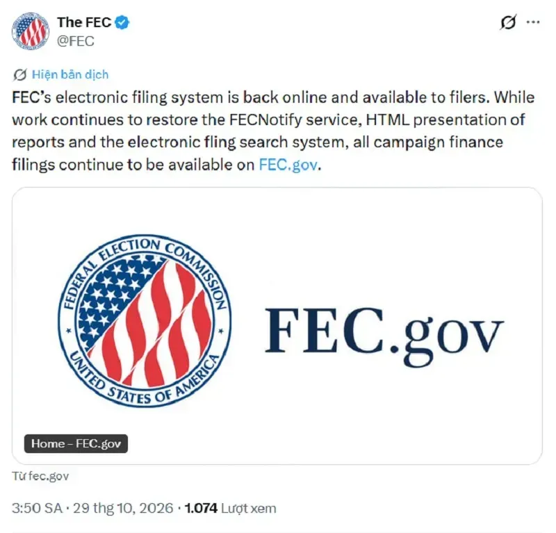 Hệ thống nộp hồ sơ điện tử FEC hoạt động trở lại sau sự cố