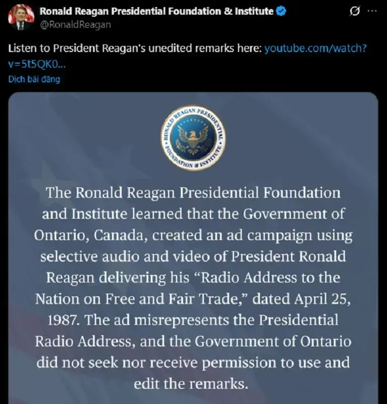 Hoa Kỳ ngừng đàm phán với Canada vì quảng cáo chống thuế quan