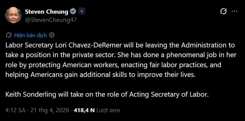 Th&ecirc;m th&agrave;nh vi&ecirc;n Nội c&aacute;c Hoa Kỳ từ chức giữa v&ograve;ng v&acirc;y c&aacute;o buộc